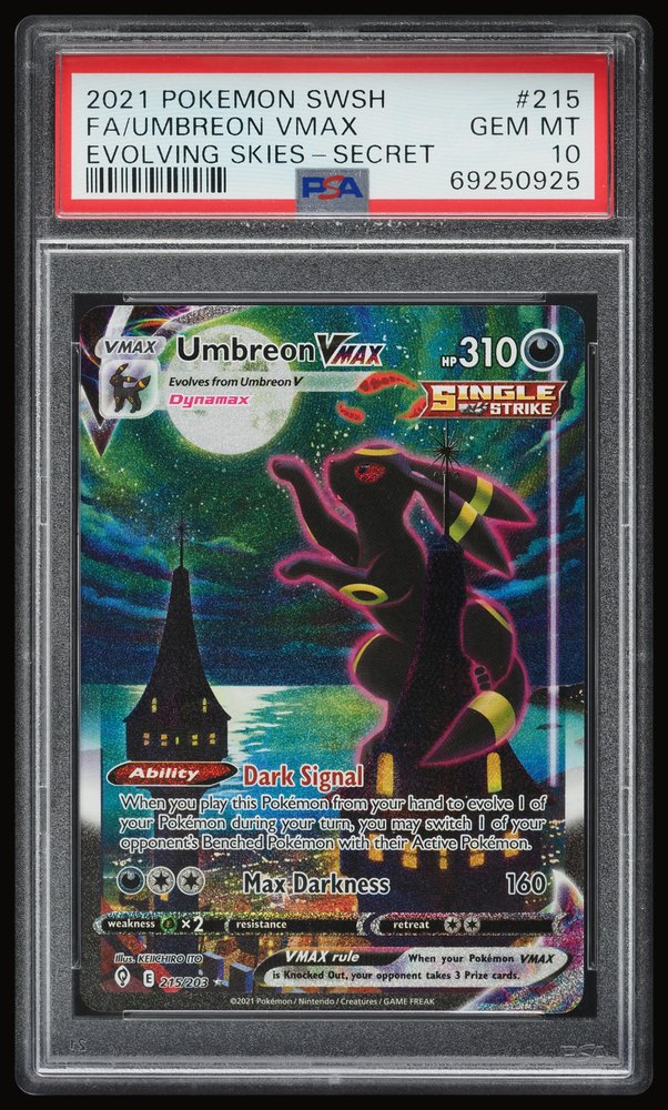 PSA GEM MT 10 slab, front: Umbreon VMAX #215/203, cert 69250925